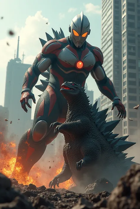 a giant ultraman,choking a massive godzilla monster,highly detailed,epic battle scene,cinematic lighting,dramatic Tilt shift photography ultraman riding godzilla,godzilla mouth ripped open,brutal fight scene,cinematic lighting,highly detailed,realistic,pho...