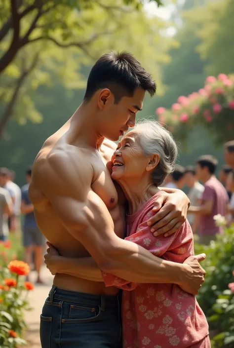 A handsome Korean man with a six-pack abs, shirtless, hugs a grandmother in a garden amidst people.