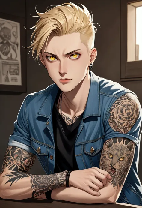 1 guy. pale. blond, hair tied in a small ponytail. yellow eyes, pupils like a cats. Black t-shirt. Blue denim jacket. tattooed