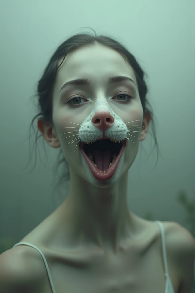 Create a picture of a woman that has a pussy instead of a mouth and a nose in her face