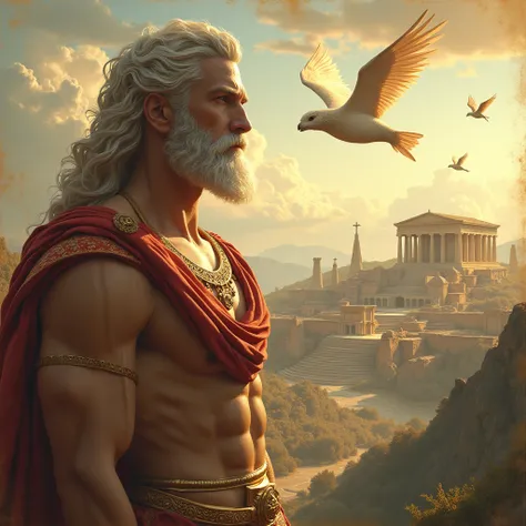 the god zeus, with a smile, and with a Greek-style city in the background. Fantastic flying fantasy animals. Panoramic room. aged image.
