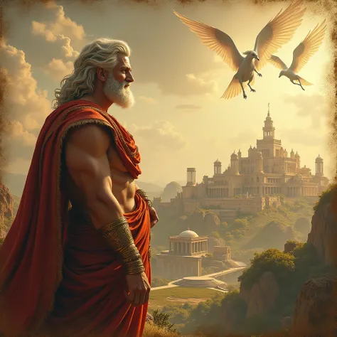 the god zeus, with a smile, and with a Greek-style city in the background. Fantastic flying fantasy animals. Panoramic room. aged image.
