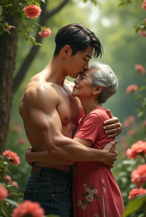 Jungkooks six-pack abs are tight, he takes off his clothes and hugs Grandma in the garden in front of everyone.