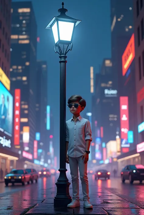 

"Create 3D realistic image of Boy standing beside a light lamp pole in a night city setting, wearing a white shirt, pants, sunglasses, and a watch. The lamp pole should prominently display rajat  written clearly. Background should feature a scenic view o...