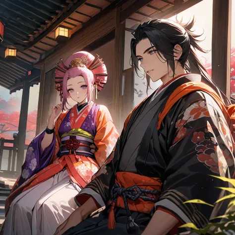 Very 8k,HD,Masterpieces With very rich brilliant vivid lush colors Beautifully drawn, high quality, ultra-detailedv Date Masamune as a young Oiran 1700S Japan with young very Handsome very Japanese male Ninja Samurai , her siderealistic depiction of a clas...