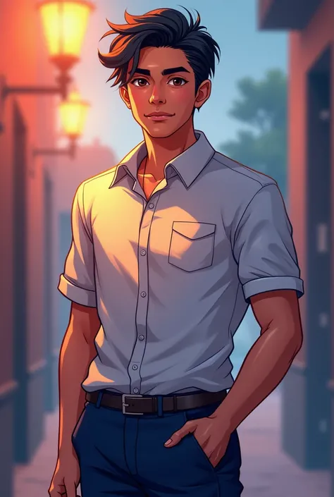 Create anime 18  indian boy wear polo t shirt pant and shoe