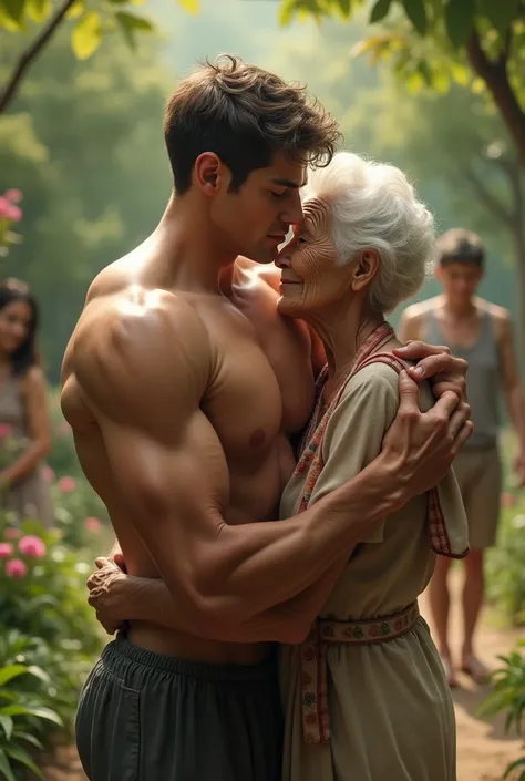 Handsome young man with six-pack abs hugs his grandmother naked in the garden amidst people.