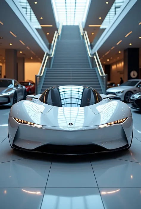 a white car is parked in a showroom with a staircase, bmw and mercedes concept cars, concept car, futuristic concept car, majestic and futuristic, luxury hd render, futuristic cars, mercedez benz, futuristic car, futuristic car concept, hyper luxurious, ma...