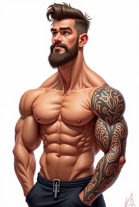 
Caricature, handsome man, semi-realistic, huge muscles, shirtless, topless, muscles ,huge pectoral, tribal tattoos in his left sleeve, white background