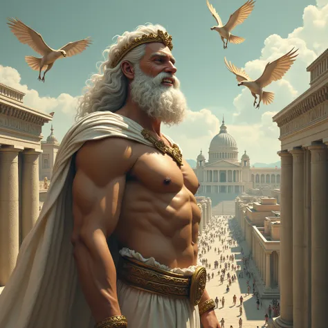 the god zeus, with a smile, and with a Greek-style city in the background. Fantastic Beasts, Griffins and Dragons Fantasy Flying. Panoramic room. aged image.
