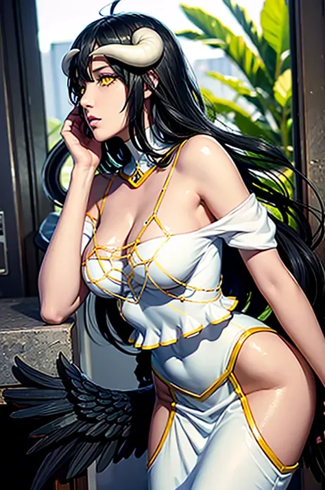 Albedo from overlord anime, perfect illustration, realistic, age 25,extreme detailed face, extreme pure white skin, yellow eyes, split pupils, dark black hair, perfect face, perfect shape body, large breasts, white horns, black lower wings, 3d, detailed ar...