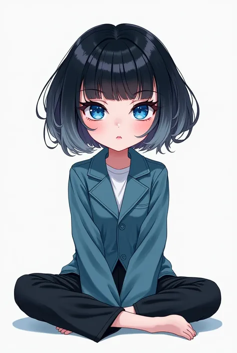 gender:Eye color:blue-eyed hairstyle:Bobs hair color:black hair with a light gray gradient color:cool and stylish clothes:Parker Style:deformed illustration system:Sitting with legs stretched out