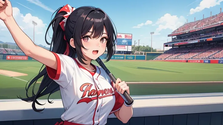 Before a baseball game、Please draw an illustration of a woman in a cheerleading costume performing in the middle of the field.。In the background are banners with team logos and spectator stands.、The woman is vigorously shaking her pom-pom。