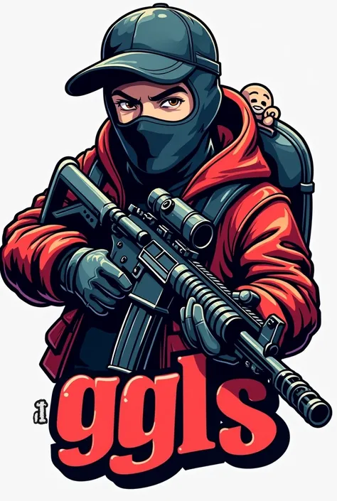 Create a mascot logo where the mascot is a gamer boy wearing a ski mask and a cap with a chuki doll carrying an assault rifle and a sign below with the letters gls