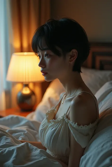 A girl with short hair, in a hotel room 
