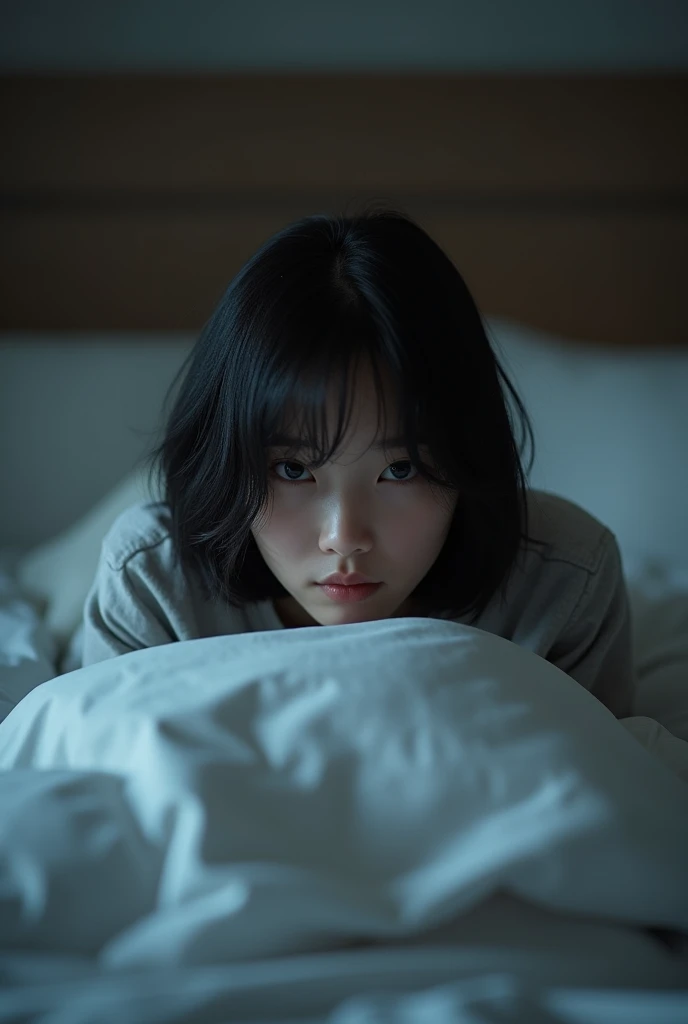 A girl with short hair, in a hotel room focusing on the bed ,that you can see part of her, that shes half-brown
