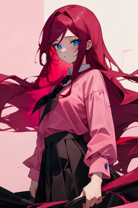 1 girl. red long hair. Blue eyes. pink blouse. black skirt. 