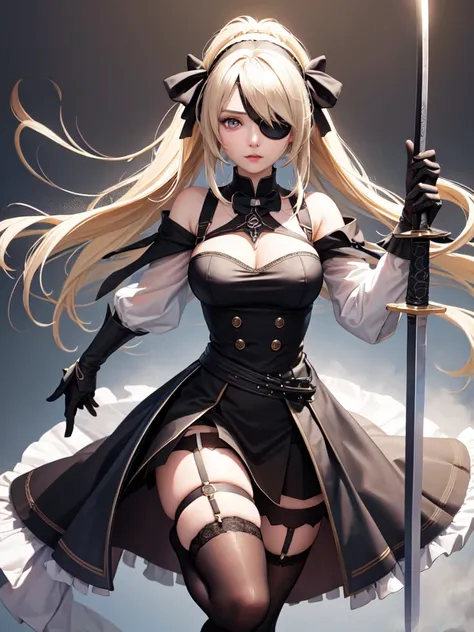 (Ultra extreme detailed),(Masterpiece),(Ultra extreme),(Realistic),CG,(color:1.2), Strong lighting,Light from behind,evaluation:Safety,One blonde, one alone., black,Blonde twin tails,length hair,blue eyes,white_gloves,garter_strap,absolute_ryouiki,Pleats_s...