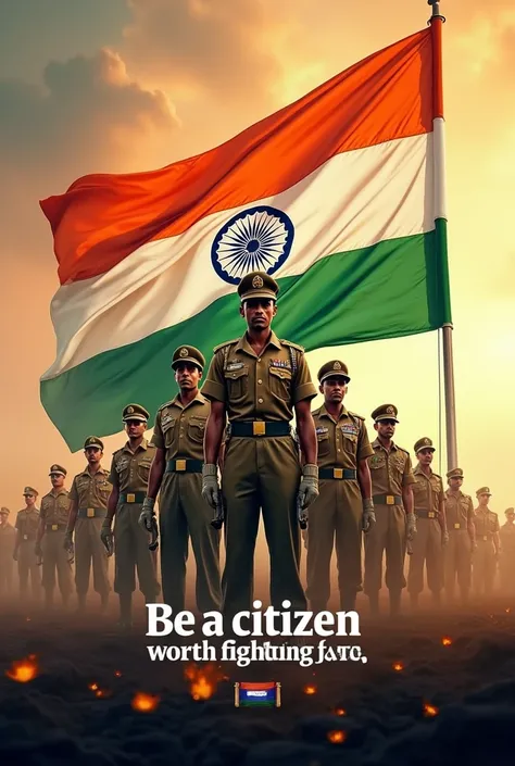 Create a photo that has Indian flag with soldiers in it and "Be a citizen, worth fighting for" should be written in the photo 