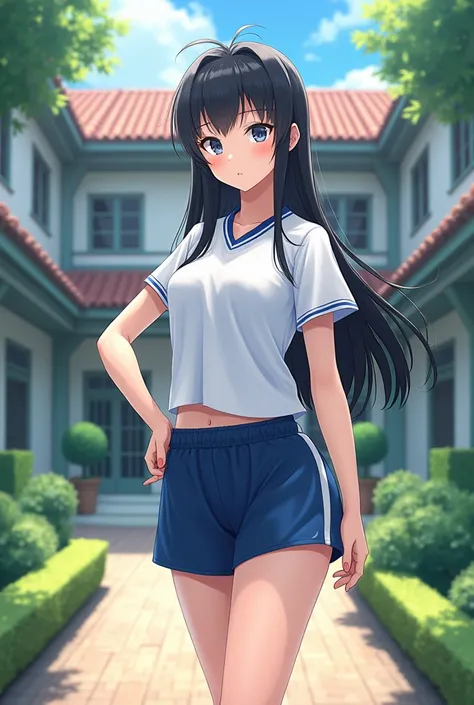 ((best quality)), ((masterpiece)), ((detailed)), 1girl, Beautiful anime woman, (Kaguya Shinomiya), Japanese school sports uniform, short blue sports shorts, in the courtyard of a luxurious school, Posing. artistic style: 1.5.