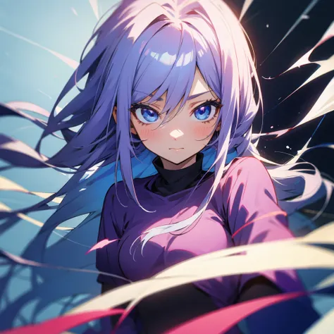 a cartoon girl with long hair and blue eyes wearing a purple shirt, 2d anime style, as an anime characters, long hair anime girl...