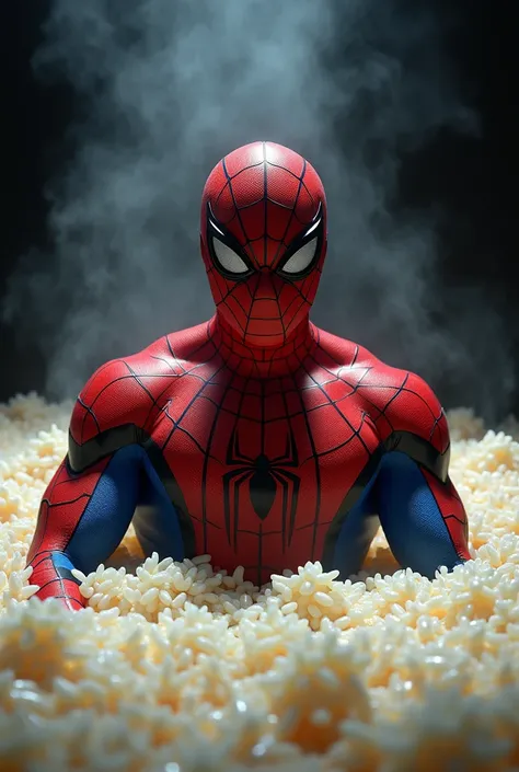 spiderman bathing in a pool of hot rice