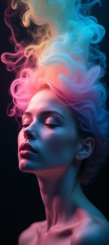 An ultra-realistic, highly detailed image of a perfectly symmetrical female head with pale skin and closed eyes. Her hair is made of colorful smoke in all shades, rising upwards like a mesmerizing aurora. The background is completely black, making the vibr...