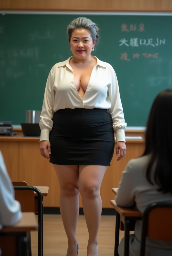 ５０age、Gray Hair、teacher、Glamour、Japanese、｟｟Big Breasts、｠｠classroom、Standing at the podium、White high heels、｟White blouse、｠My chest is exposed、The areola is visible、Pink nipples、Black Mini Skirt、high quality、high resolution、Nsfw,美しいJapanese、Beautiful face、F...