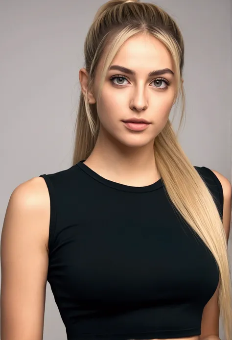 A very realistic and detailed photo of Ana Markovic wear a black short skirt light makeup,  long straight blonde hair, ponytail high quality photo 4k, very detailed, perfect fit, looking at the camera, detailed face, detailed eyes, 