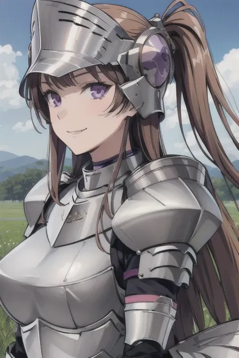 masterpiece, best quality, nmascot, purple eyes, helmet, (steel armor), (steel gauntlets), large breasts, field, sky, looking at...