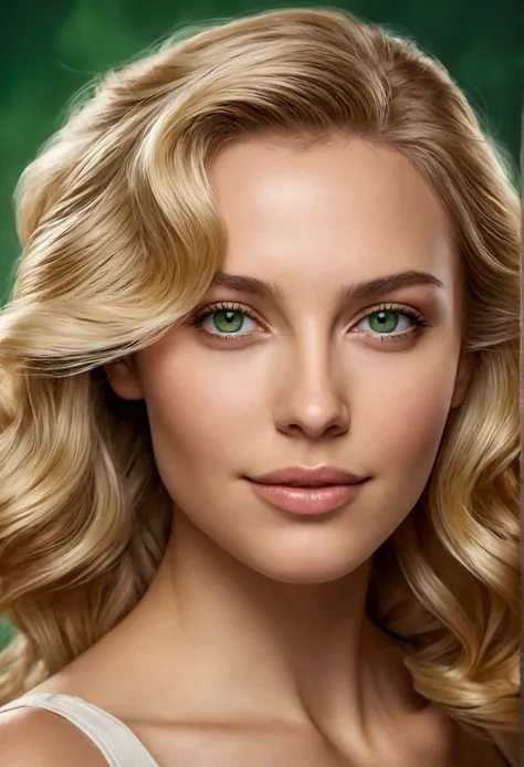 Create a hyper-realistic portrait of a stunning woman with blonde hair and striking green eyes. Her hair is naturally wavy and cascades down her shoulders. Her skin is flawless with a soft, natural glow, and she has a warm, inviting smile. The background i...