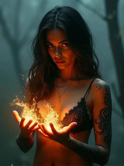 (A gorgeous 23-year-old Italian woman,cleavage,curvy body,ancient dark magic priestess,gothic,horror movie,spooky scene,hyperrealistic,photorealistic,best quality,8k,ultra-detailed,vivid colors,dramatic lighting,chiaroscuro,moody,cinematic)ethereal. ((Glow...