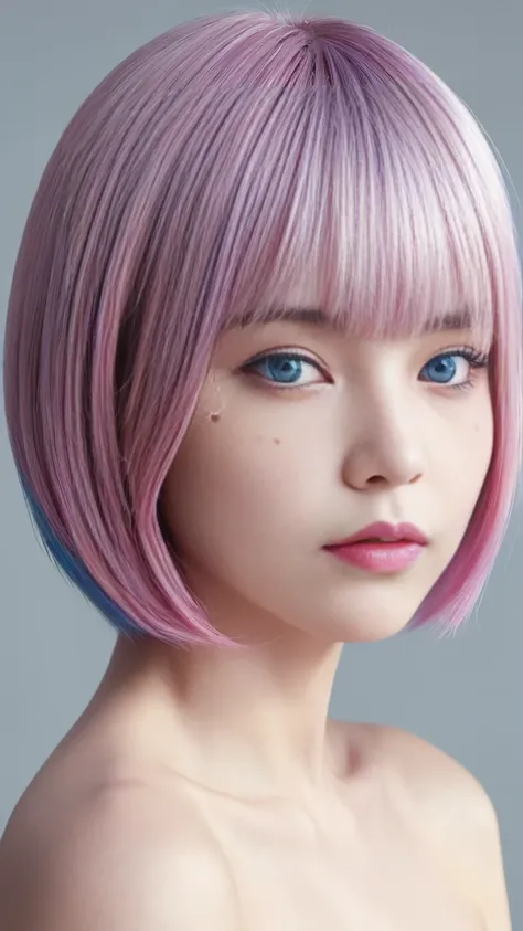 Black and light blue、銀とPink Hair、Realistic, High resolution, Heterochromia eyes, small moles under eyes、Bobcut、Blunt bangs、Lucy, one person&#39;s, Hair Scrunchie, Hime cut, Silver Hair, Color chip, full moon, grey  eyes, White shirt, Black tie、Leather shor...