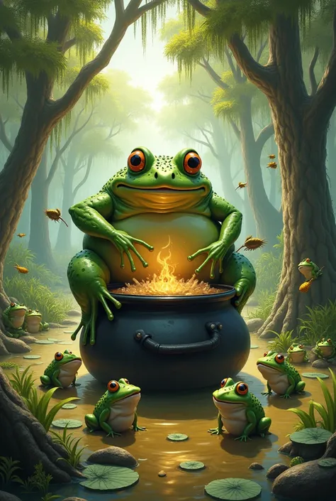 A realistic swamp with many details, sunny sky, a huge and fat frog doing a solo on a cauldron, many frogs getting ready for a party