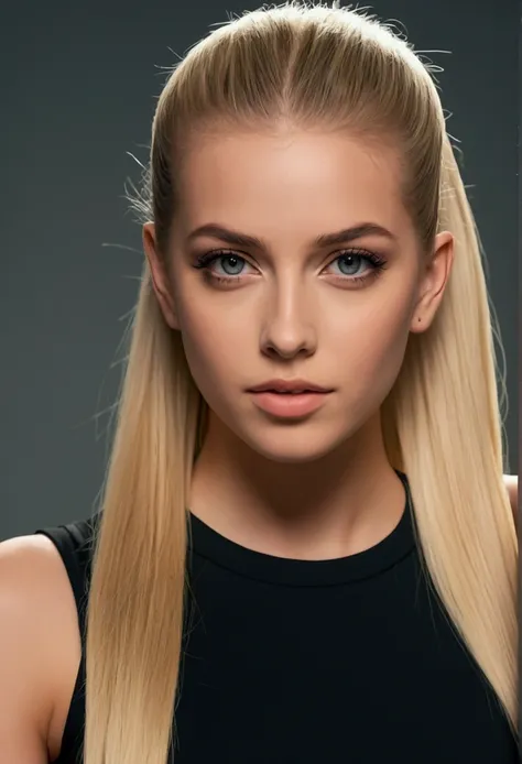 A very realistic and detailed photo of Alisha Lehmann wear a black short skirt light makeup,  long straight blonde hair, ponytail high quality photo 4k, very detailed, perfect fit, looking at the camera, detailed face, detailed eyes, 