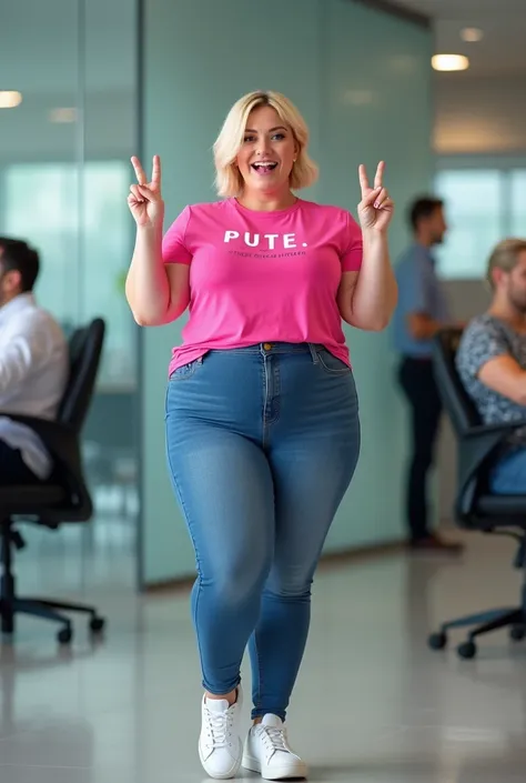 blonde woman with short haire. She has an hourglass figure, massive breasts. ,Wide hips (implants), Prominent buttocks (implants) 

in a modern office, with glass walls and contemporary decor
dressed in a vibrant pink t-shirt with “PUTE” written in fun let...