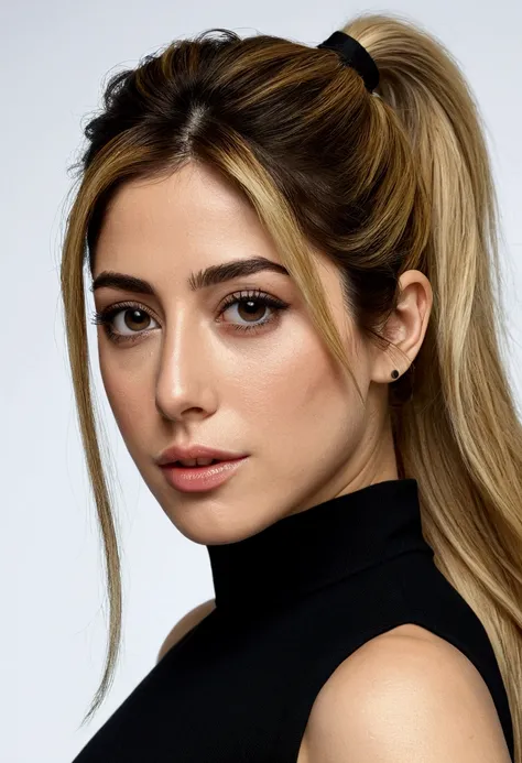 A very realistic and detailed photo of Blanca Suarez wear a black short skirt light makeup,  long straight blonde hair, ponytail high quality photo 4k, very detailed, perfect fit, looking at the camera, detailed face, detailed eyes, 