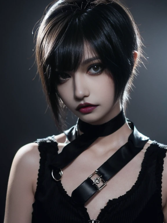 1 girl, women, emo_hairstyle, black lipstick, Dog Collar, eyeliner, shadow, Smoky Eyes, Realistic lighting, short hair, flat chest, sleeveless silk shirt, Short shorts, standing.