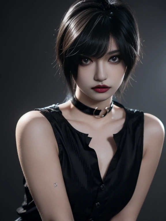 1 girl, women, emo_hairstyle, black lipstick, Dog Collar, eyeliner, shadow, Smoky Eyes, Realistic lighting, short hair, flat chest, sleeveless silk shirt, Short shorts, standing.