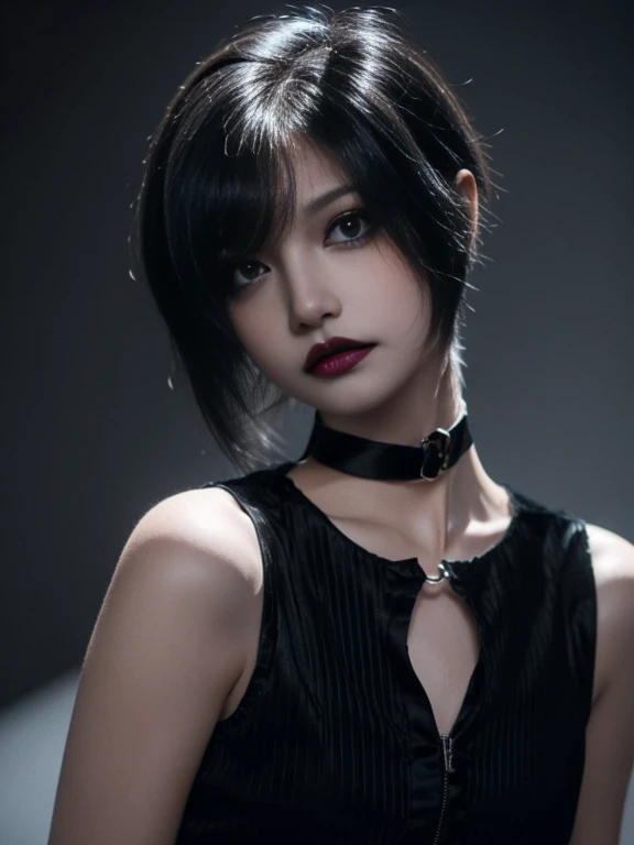 1 girl, women, emo_hairstyle, black lipstick, Dog Collar, eyeliner, shadow, Smoky Eyes, Realistic lighting, short hair, flat chest, sleeveless silk shirt, Short shorts, standing.