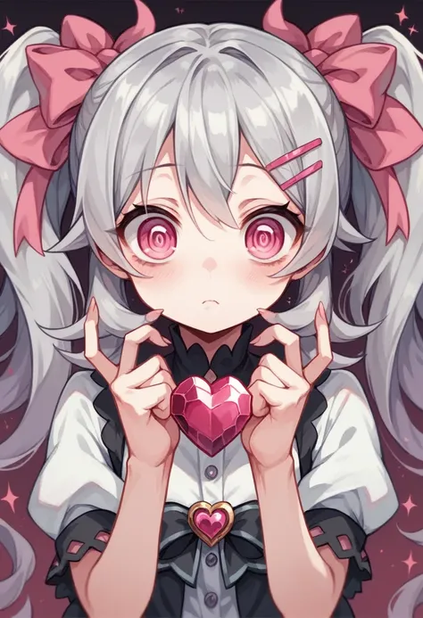 kawaii,cute,very cute,pink,ribbon,devil,gray hair,jewel-like eyes,pink eyes,girl,danger,cruel,heart,twin tails,confused eyes,sil...