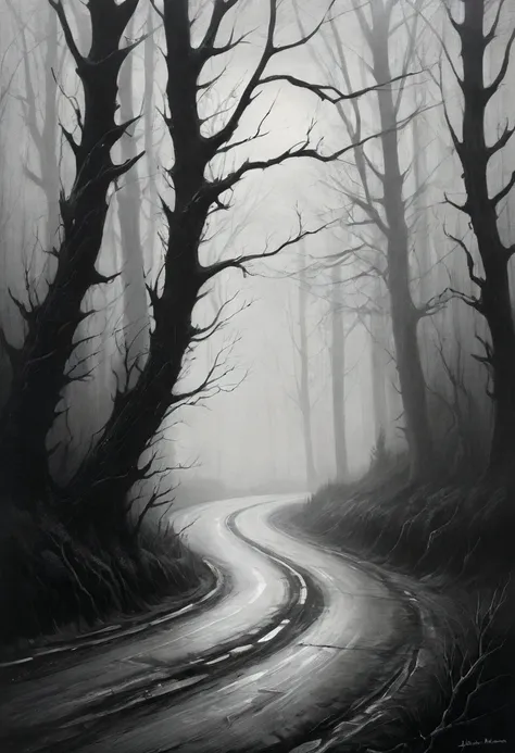 a mysterious foggy landscape, (oil painting), Black and White, roads in the north, poor visibility, (Inspiration comes from：john kenn mortensen),dramatic lighting,cinematic,moody atmosphere,muted color palette,atmospheric,hazy,overcast sky,winding roads,wi...