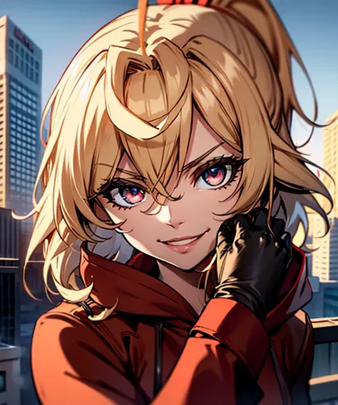 1 girl、solo、wearing a red hoodie、wear leather gloves、blonde ponytail、ahoge、beautiful red eyes、smile、highly detailed face、upper b...