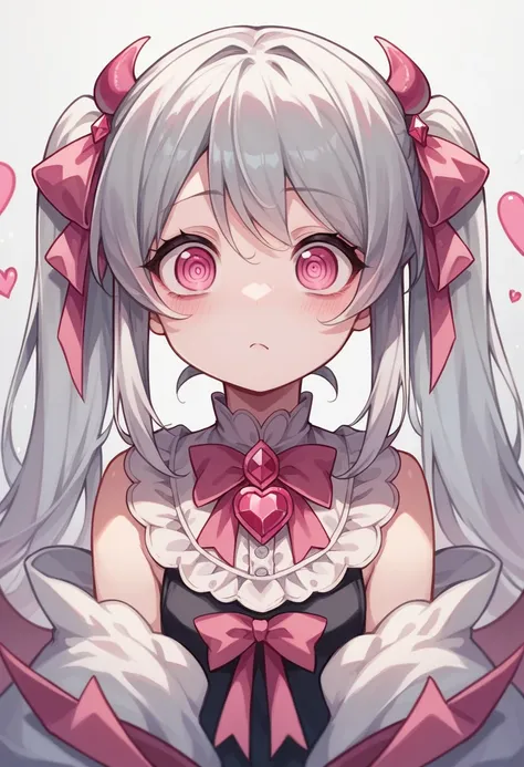 kawaii,cute,very cute,pink,ribbon,devil,gray hair,jewel-like eyes,pink eyes,girl,danger,cruel,heart,twin tails,confused eyes,sil...