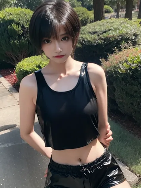 of the highest quality:1.5, High resolution, HD, 4k, detailed lighting, Shaders), NSFW Misaka Mikoto,short hair　Brown hair　Brown eyes　cold face　　((Black latex shorts.))++　Sports bra with small area.　realistic sun rays　 Beautiful park　top-less　completely na...