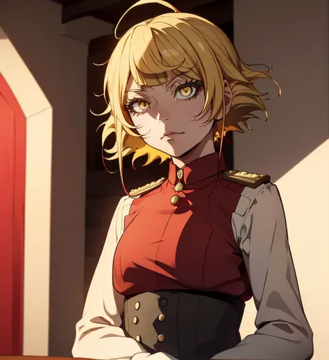 Himiko Toga, ,,(Alone),Himiko toga,(boku no hero academia),(short blonde hair with two messy pulps in her hair and yellow eyes with cat pupils),(Wearing),+,Wearing),+,(A female character dressed in a short red dress with a super short and sensual skirt, fi...