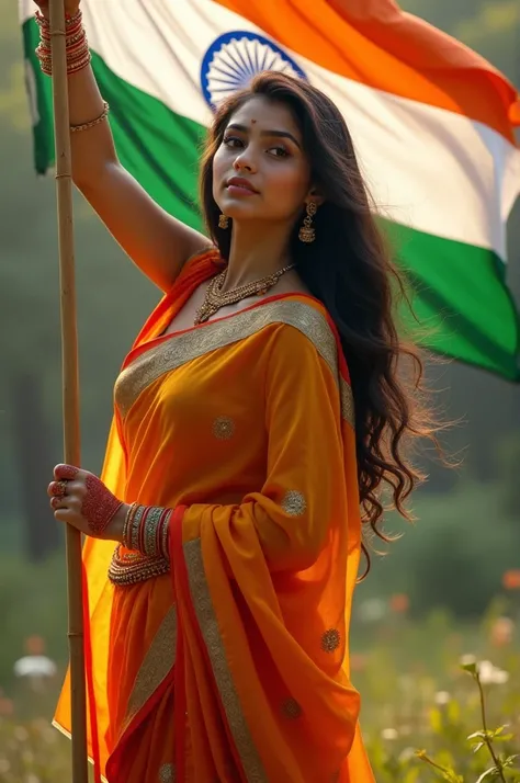 A beautiful Indian girl with sarees and she hold the Indian flag 