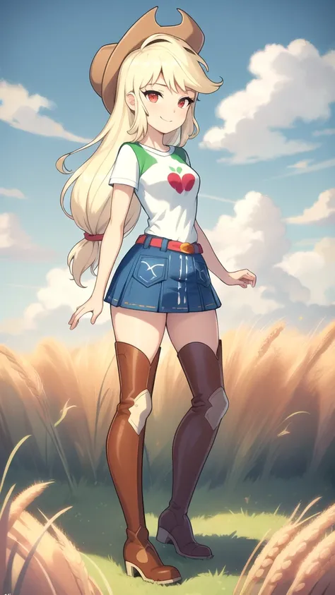 (masterpiece, best quality:1.2),cowboy shot,solo,1girl,mlpapplejack,smile,looking at viewer,low-tied long hair,cowboy hat,shirt,denim skirt,belt,wheat, thigh high boots, field,vector trace, full body, skinny legs, brown boots, red eyes, 
Ultra quality, 8K,...