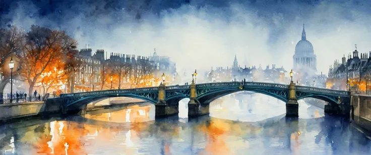 (watercolor), landscape, (fog), London, River Thames, fogの中の船, bridge, Orange streetlights, fogに包まれた街, Midnight