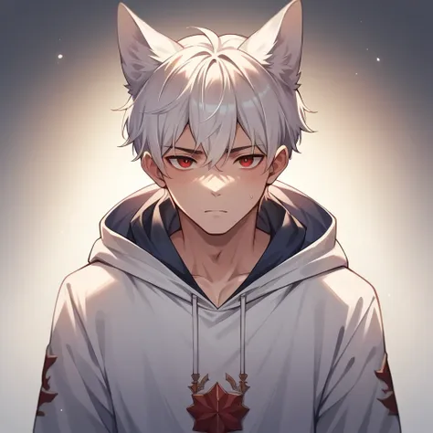 ((best quality)), ((masterpiece)), (detailed) 1boy, short white hair, red eyes, fox ears, blue and white hoodie, full view.